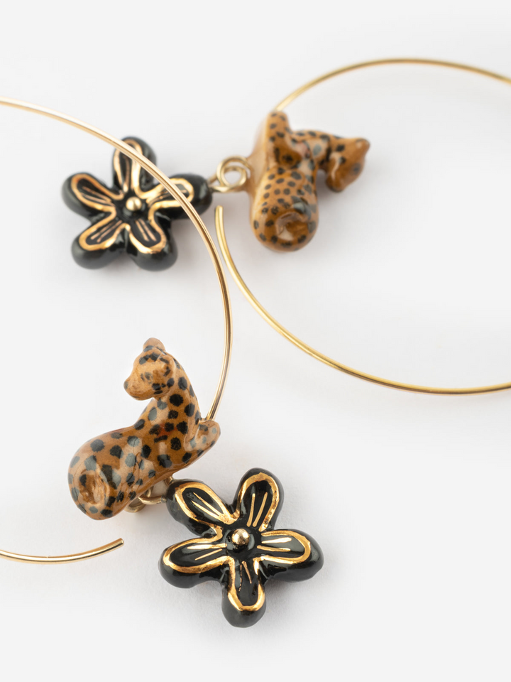 Lying Leopard & Flower Hoop Earrings