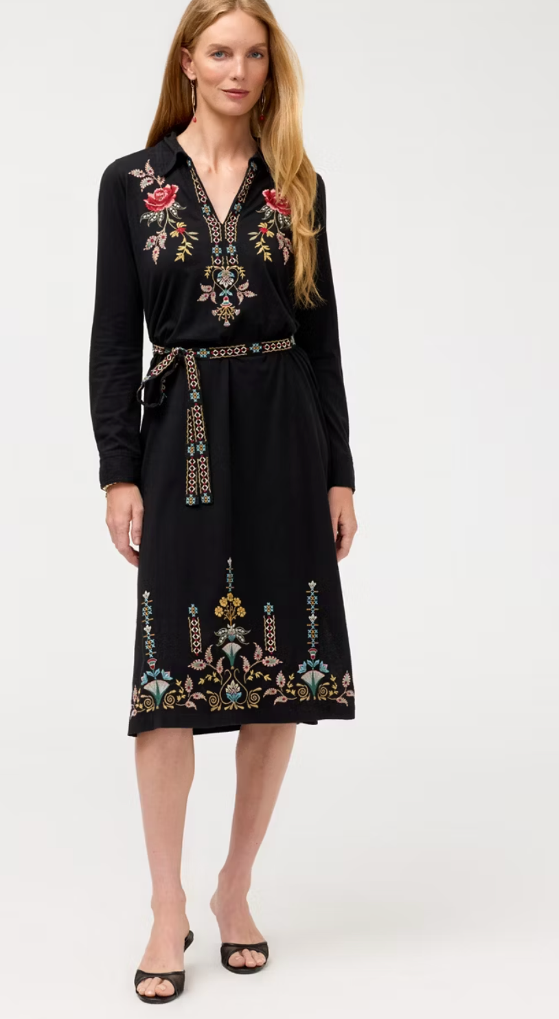 Embroidered Belt Henley Dress