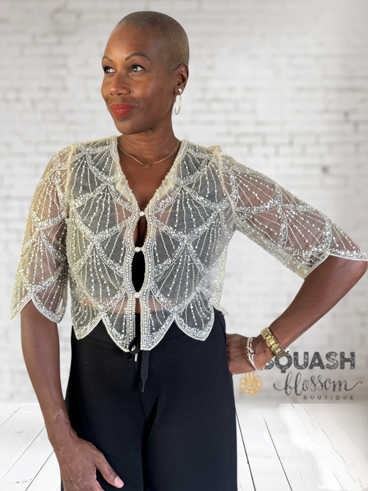 Sequin Bead Mesh Cape Top
