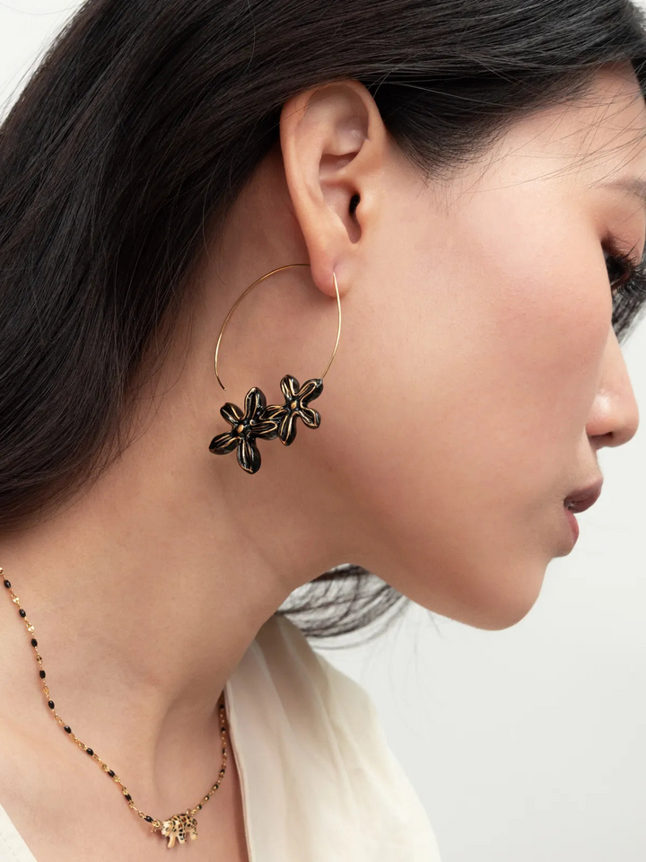 Black Erine Flowers Hoop Earrings
