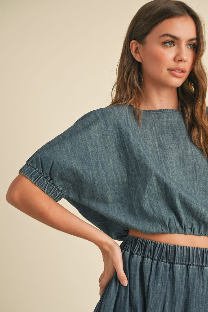 Short Sleeve Balloon Body Denim Top