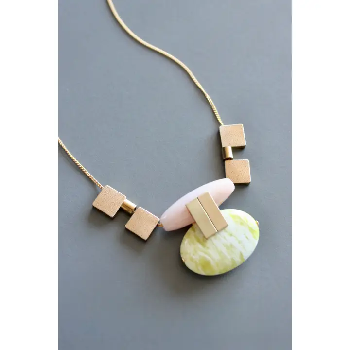 Pink Jade + Lemon Quartz Artdeco Necklace