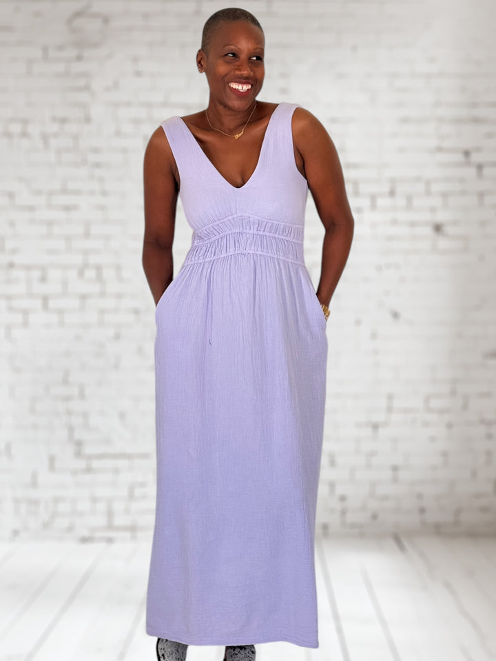 V-Neck Smocked Sleeveless Dress