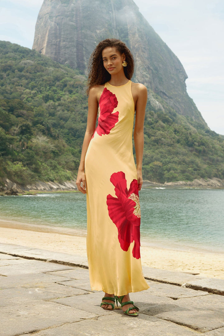 Poppy Flowers Light Yellow Sleeveless Dress XS