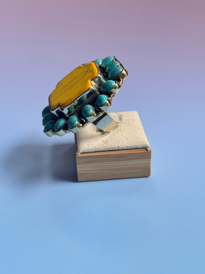 Yellow Cross Turquoise Adj Ring