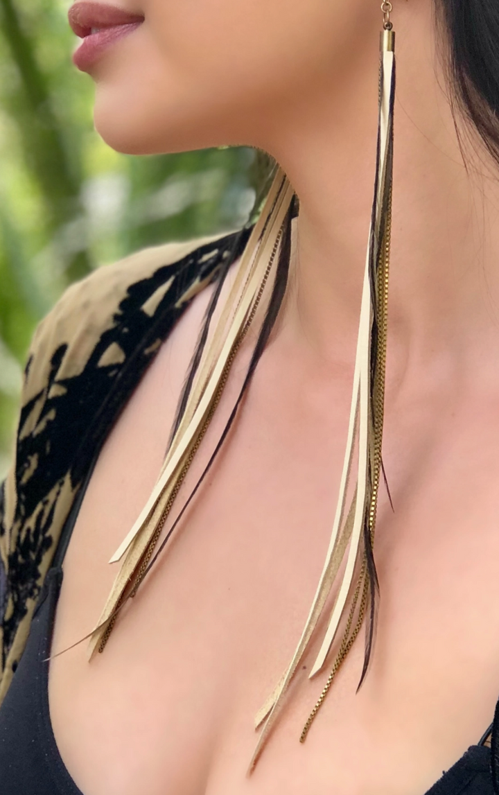 2 Chain Leather Feather Long Earrings