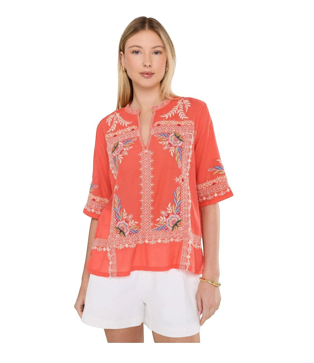 Squash Blossom Boutique Johnny Was coral cotton V-neck top with intricate bohemian floral embroidery and short sleeves
