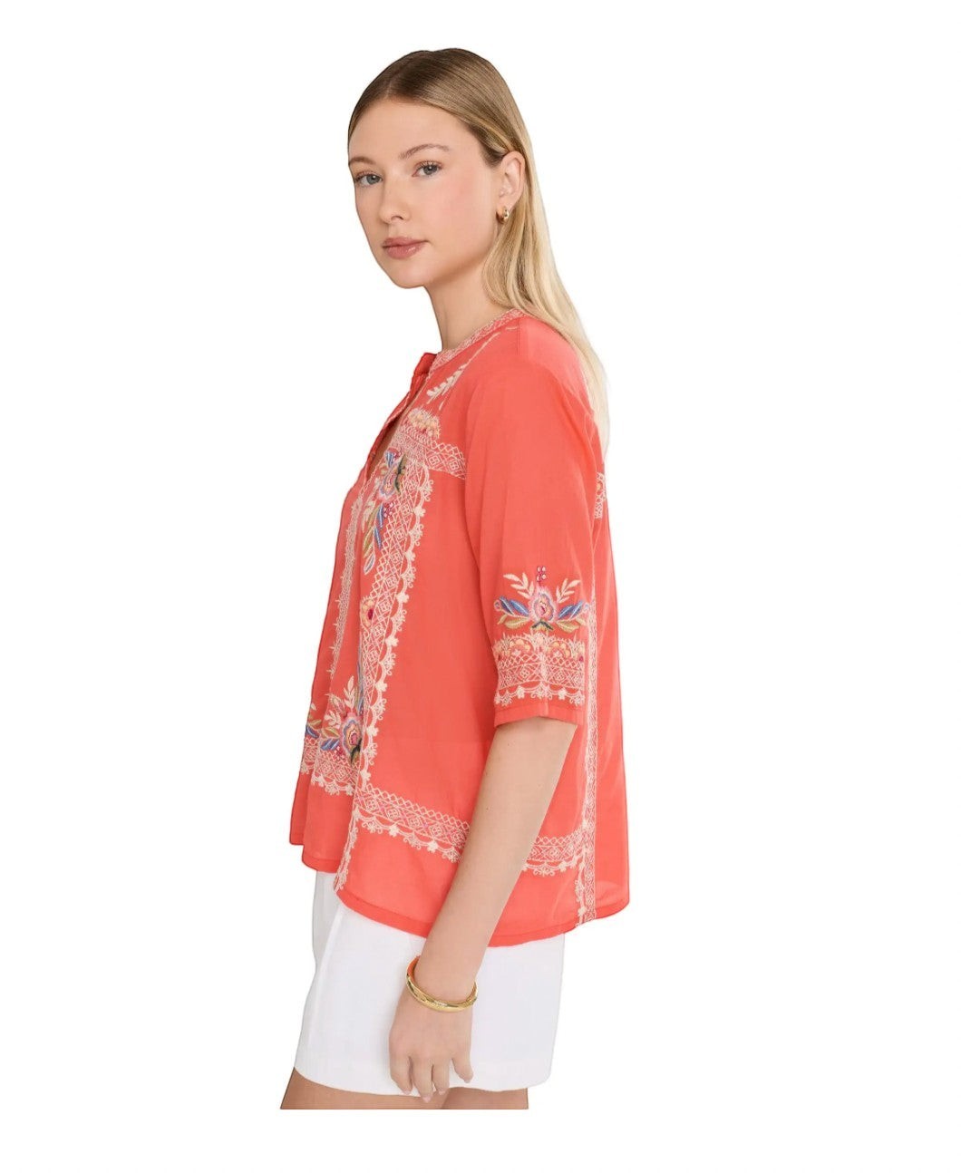 Squash Blossom Boutique Johnny Was coral cotton V-neck top with bohemian hand embroidery and relaxed fit