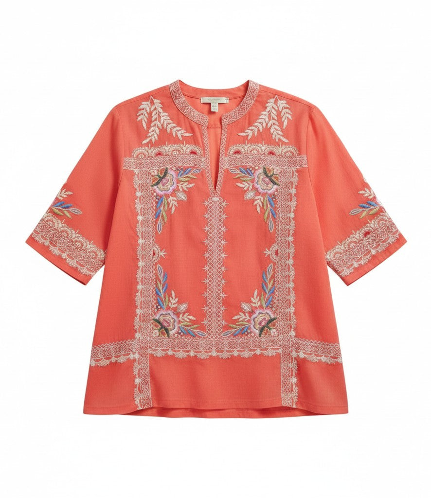 Squash Blossom Boutique Johnny Was coral cotton V-neck top with intricate bohemian floral embroidery and split neckline