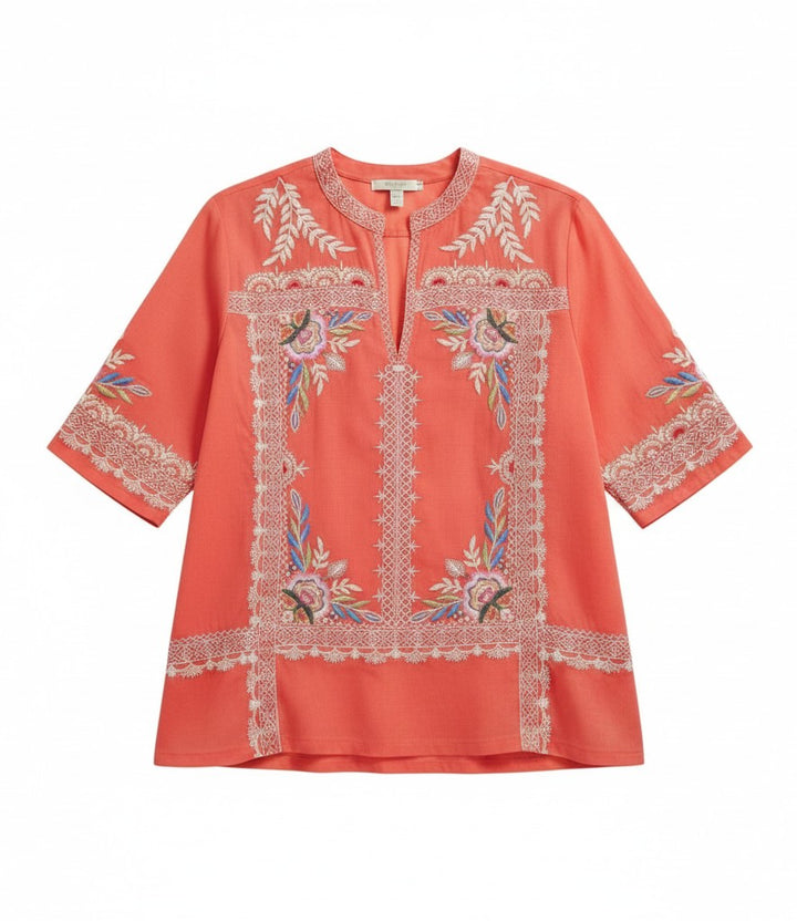 Squash Blossom Boutique Johnny Was coral cotton V-neck top with intricate bohemian floral embroidery and split neckline