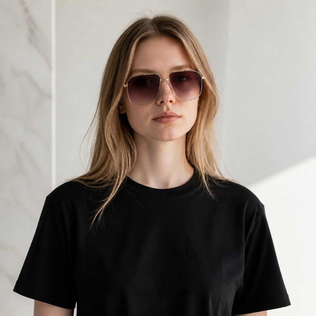 Squash Blossom Boutique Sol Navigator sunglasses with gold metal frames and polarized amber fade lenses on a model.