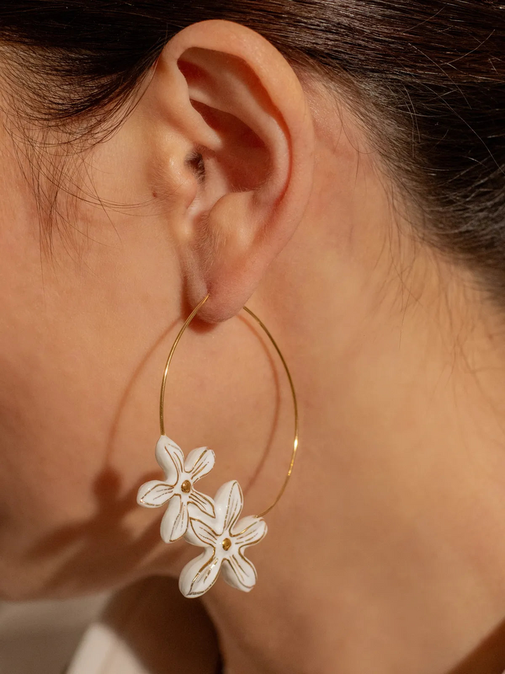 White Flowers Hoop Earrings