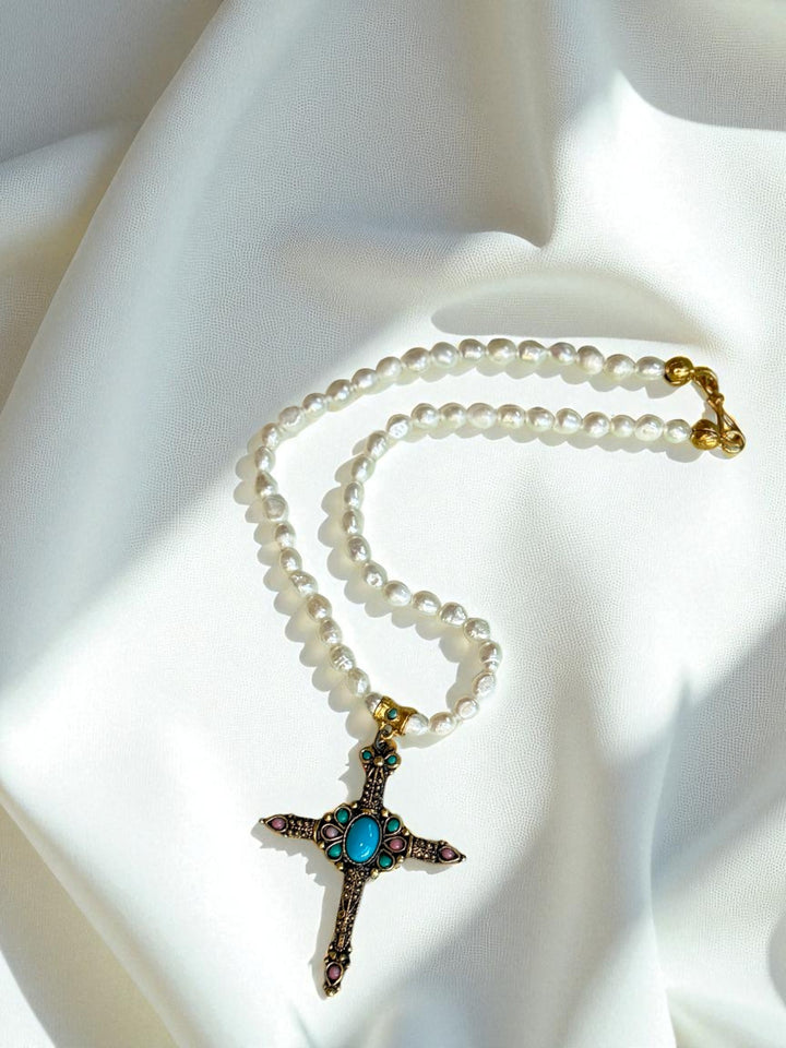 Freshwater Pearl Turquoise Cross Necklace