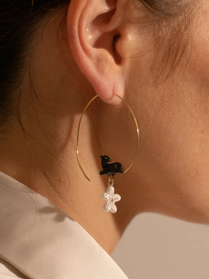 Lying Black Panther & Flower Hoop Earrings