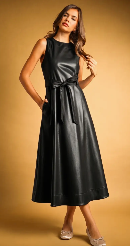 Faux Leather Sleeveless Midi Dress