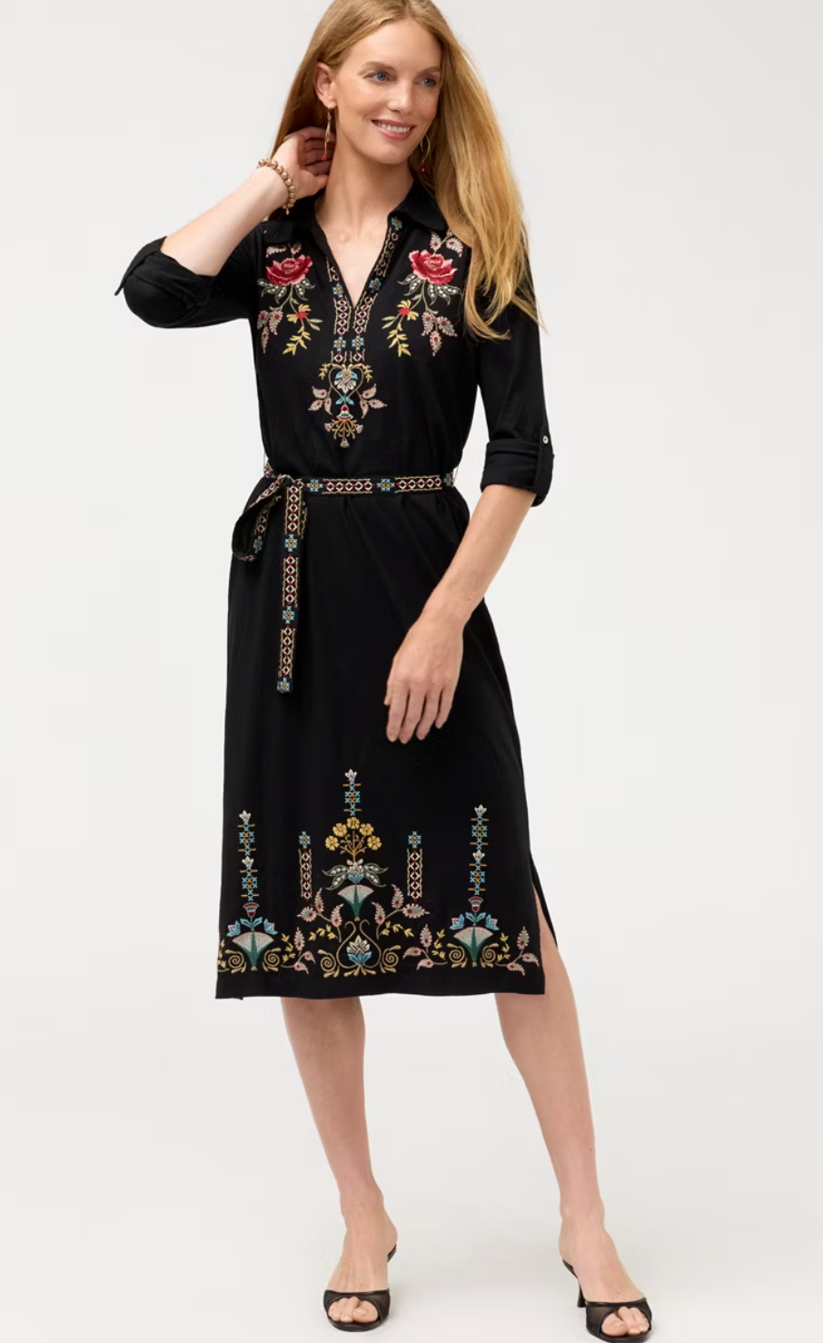 Embroidered Belt Henley Dress