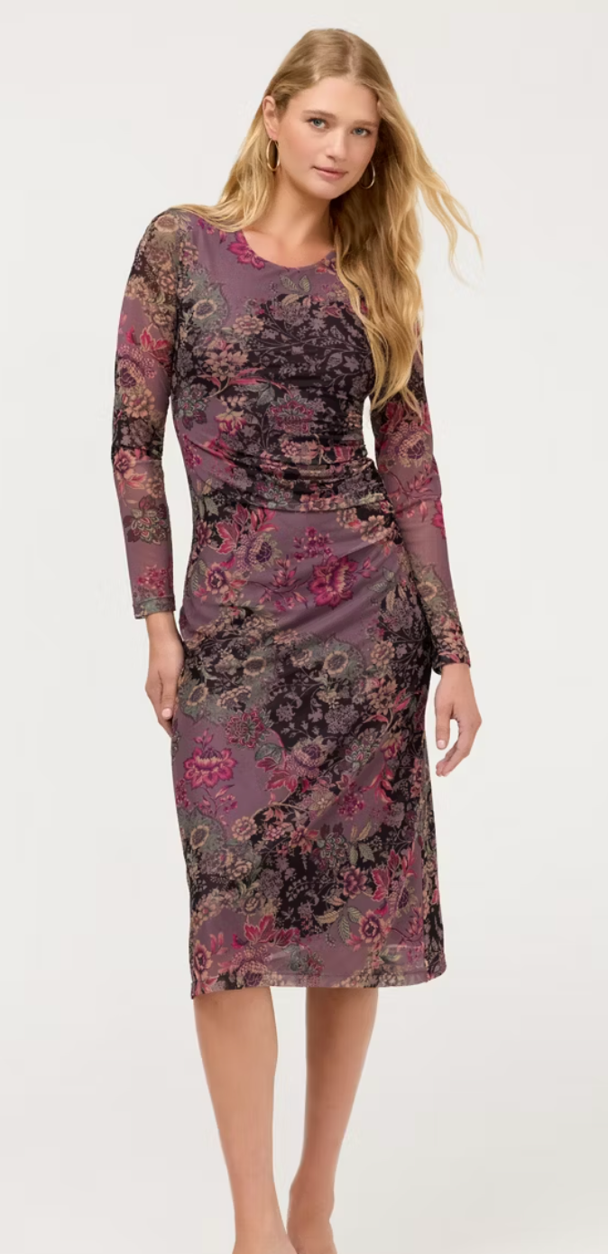 Long Sleeved Ruched Mesh Midi Dress