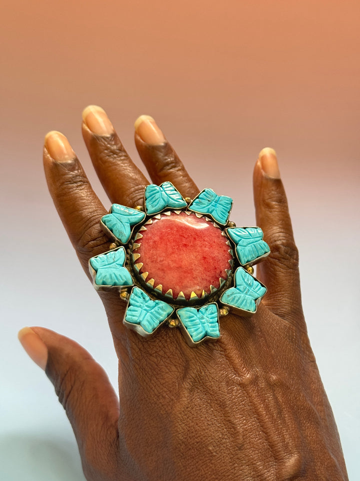 Turq Butterfly Red Agate Ring