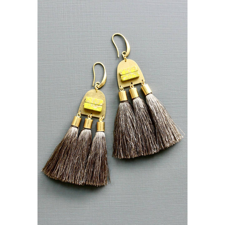 Green Jasp + Taupe Tassel Earrings
